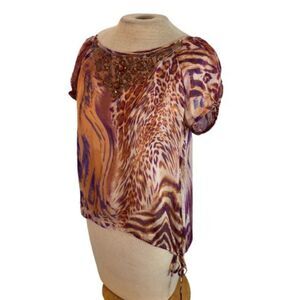 Karen Kane Sheer Drawstring Animal Print Top Shirt